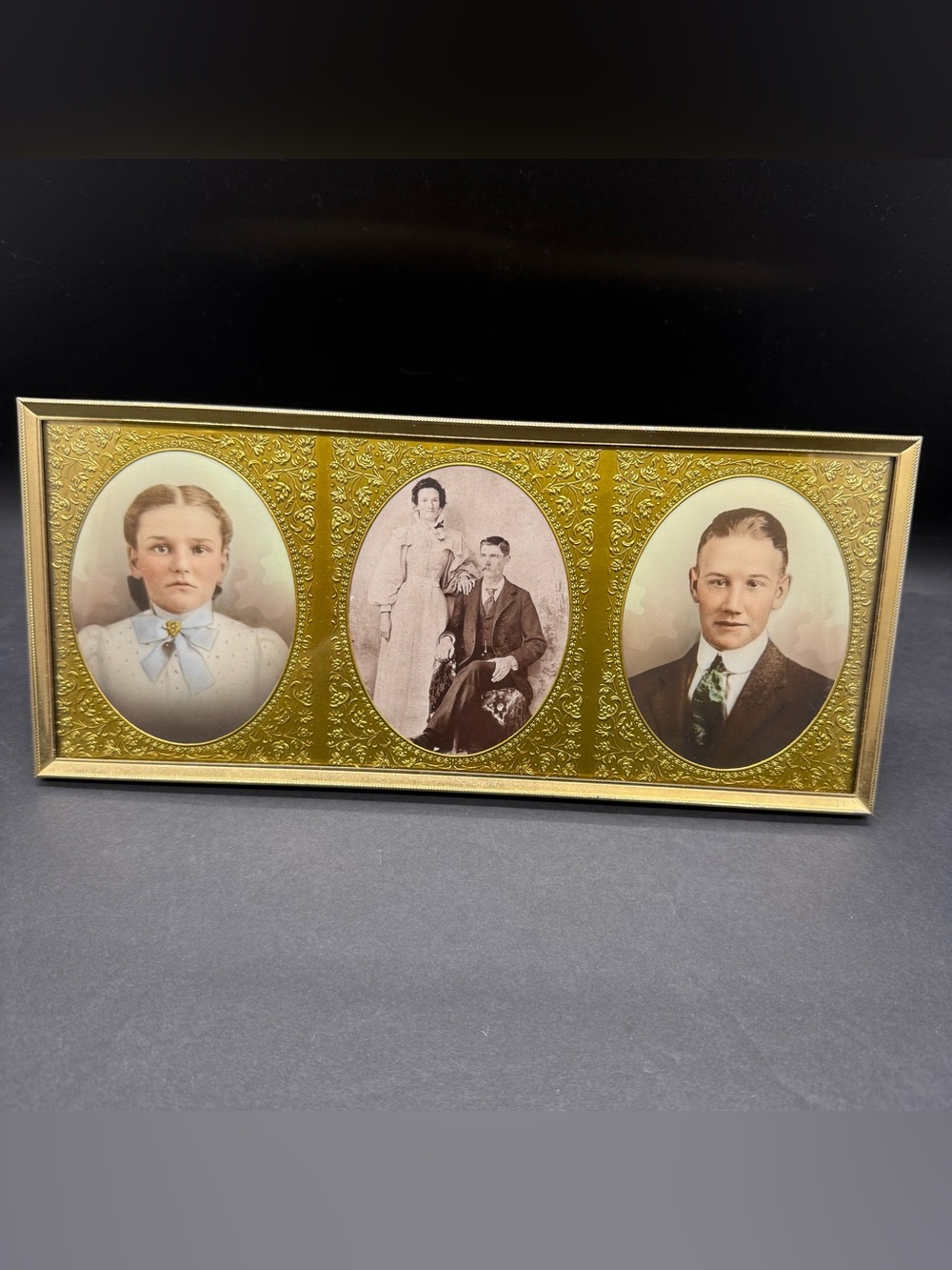 Instant Ancestors Burnes Of Boston Gold Triple Picture Frame Ornate Embossed VTG